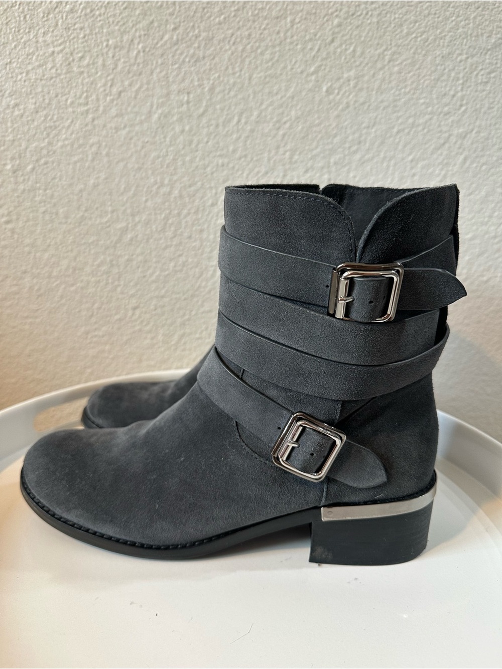 Vince Camuto Charcoal Gray Suede Buckle Ankle Boots